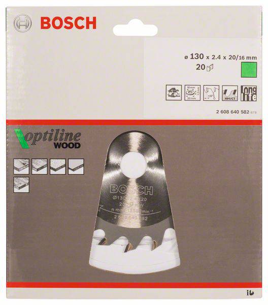 Verpackung eines Bosch-Kreissägeblatts für Holz, 'Optiline Wood' Serie. Durchmesser: 130 mm, 20 Zähne, passend für verschiedene Sägemodelle.