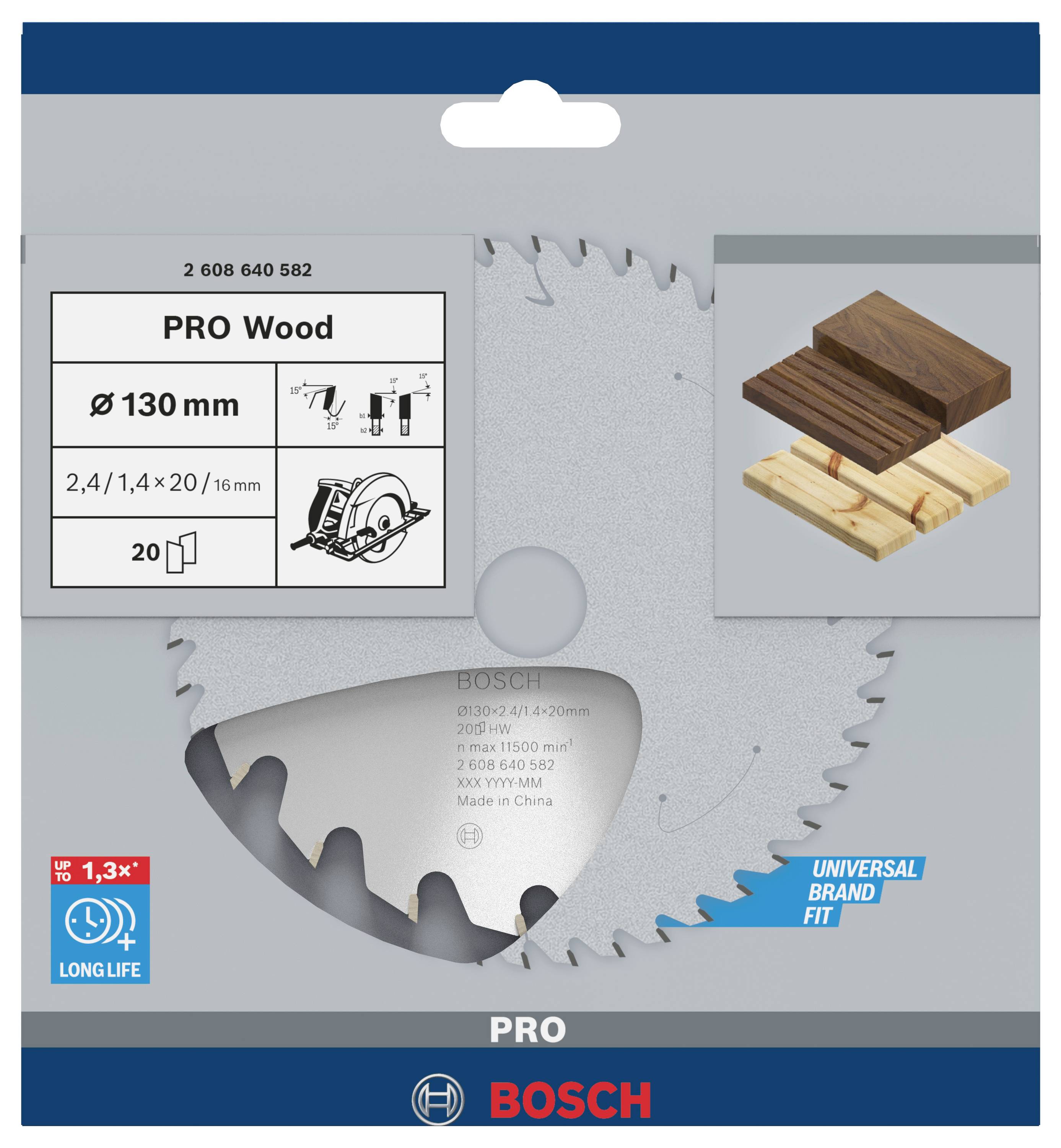Verpackung einer Bosch-Kreissäge mit einem 'PRO Wood' Sägeblatt, Durchmesser 130 mm, zur Holzbearbeitung, neben Holzbeispielen.