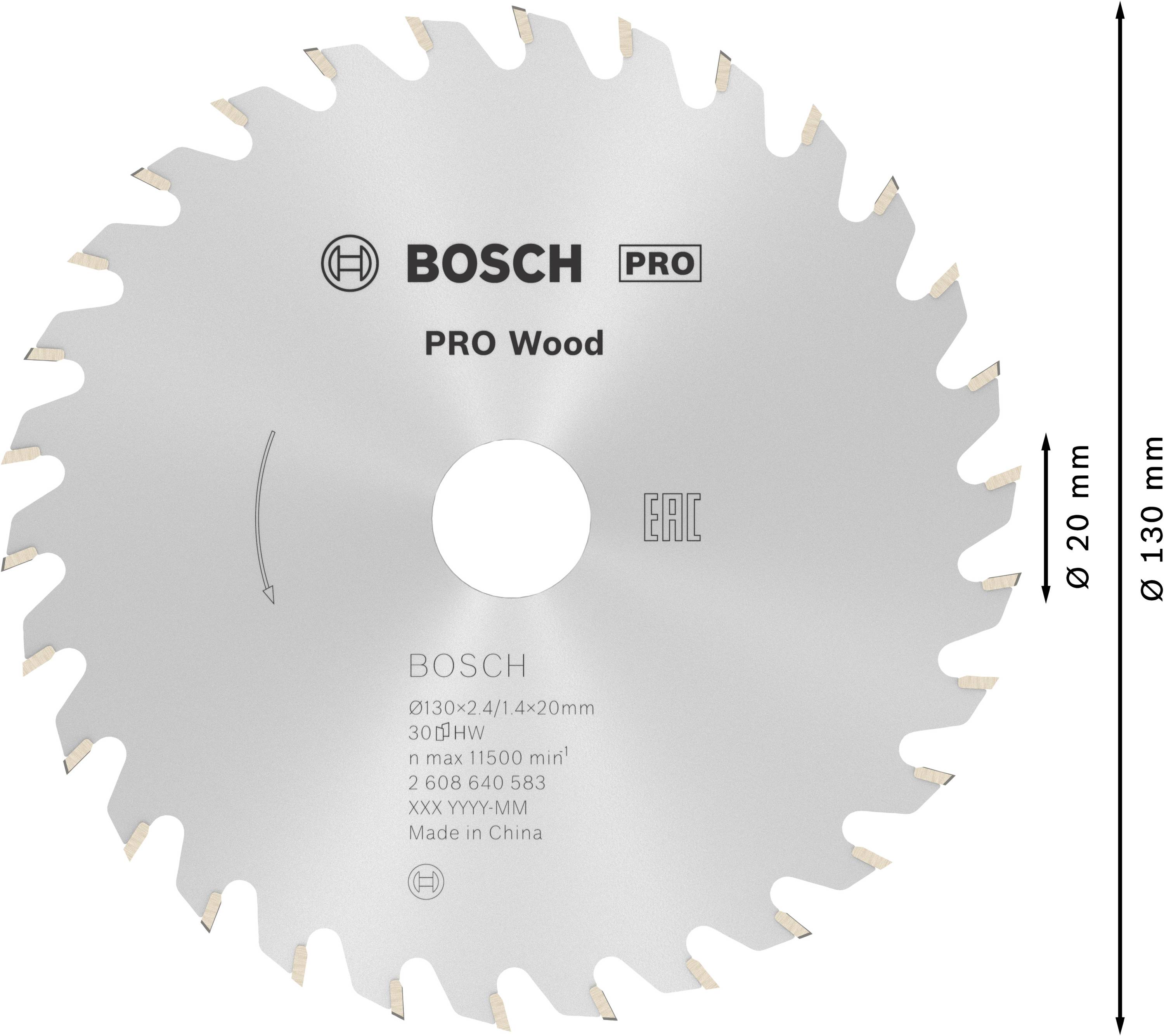 Kreissägeblatt 'Bosch PRO Wood' mit 20 Zähnen und 30° Neigung, Durchmesser 130 mm, für Holzarbeiten geeignet.