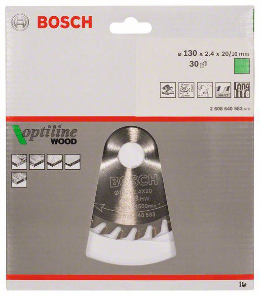 Verpackung von Bosch Optiline Wood Kreissägeblatt, 130 mm Durchmesser, geeignet für Holzarbeiten. Produktdetails oben rechts.