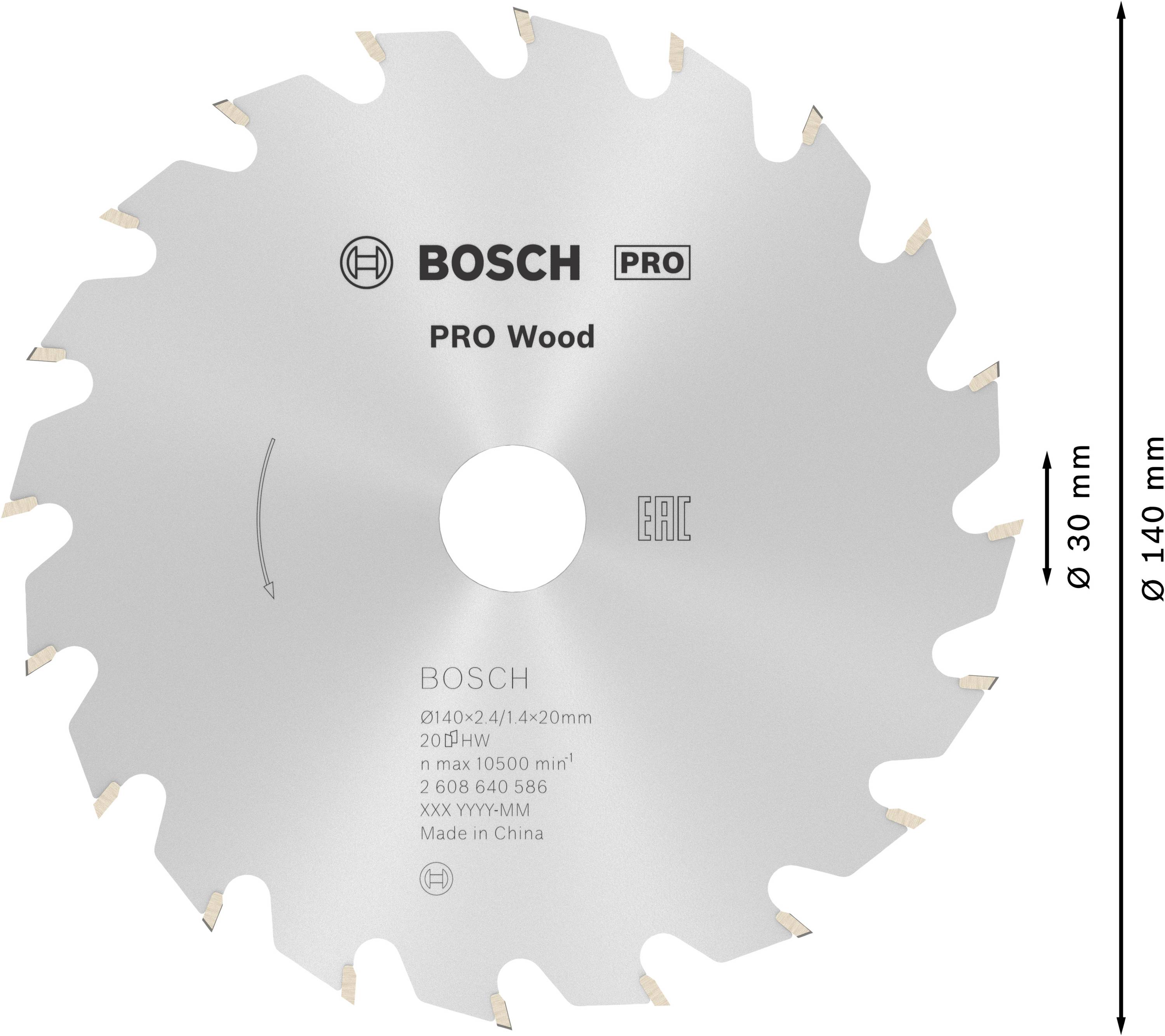 Kreissägeblatt für Holz 'Pro Wood' von Bosch, 180 mm Durchmesser, 20 Zähne, geeignet für 1050 U/min, hergestellt in China.