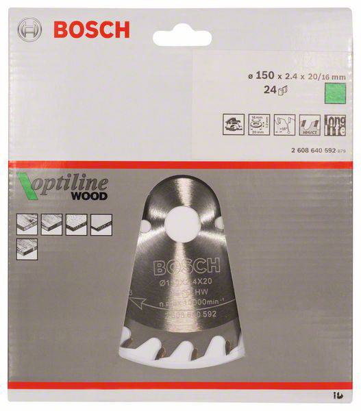 Verpackung für Bosch Kreissägeblatt mit Angaben: Durchmesser 150 mm, 24 Zähne, geeignet für Holz. Enthält Symbolabbildungen.