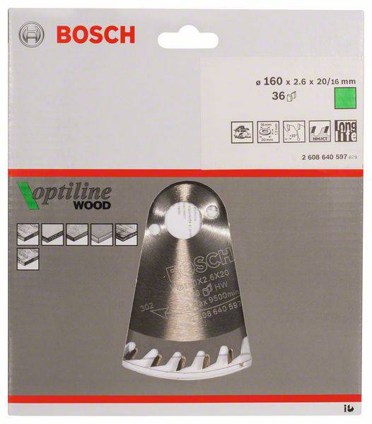 Verpackung eines Bosch Optiline Wood Sägeblatts, Durchmesser 160 mm, 36 Zähne, geeignet für Holzarbeiten.