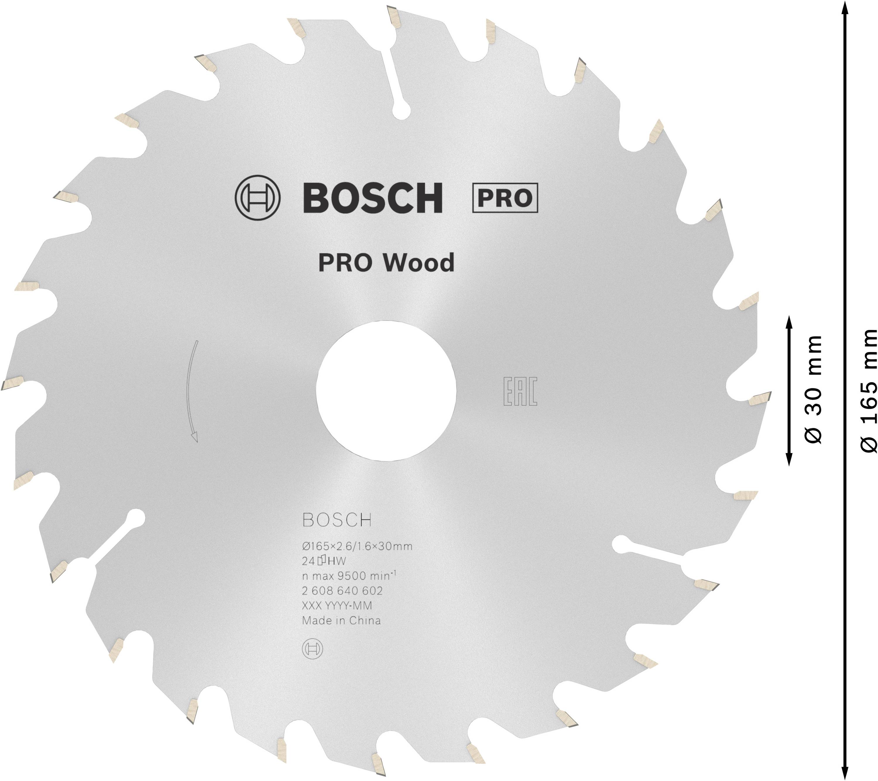 Sägeblatt mit 24 Zähnen, 'PRO Wood' von Bosch. Durchmesser 165 mm, Lochdurchmesser 30 mm. Aufdruck: max. 8500 U/min.