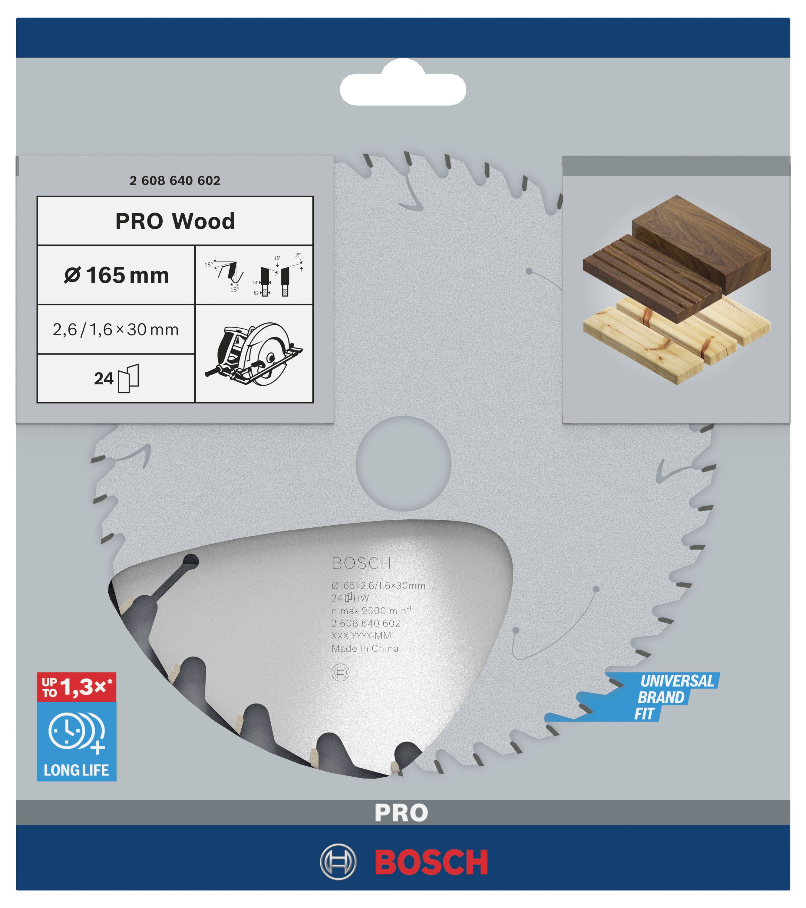 Bosch PRO Wood Kreissägeblatt Ø165 mm für Holz, 24 Zähne, lange Lebensdauer, universell passend, zeigt Schneiden von Holzbrettern.