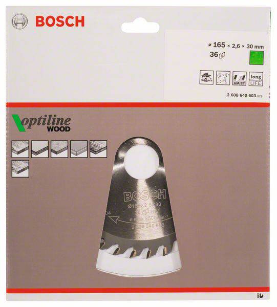 'Bosch Optiline Wood' Sägeblatt, Durchmesser 165 mm, für Holz. Verpackung zeigt das Sägeblatt mit Details zu Größe und Anwendung.