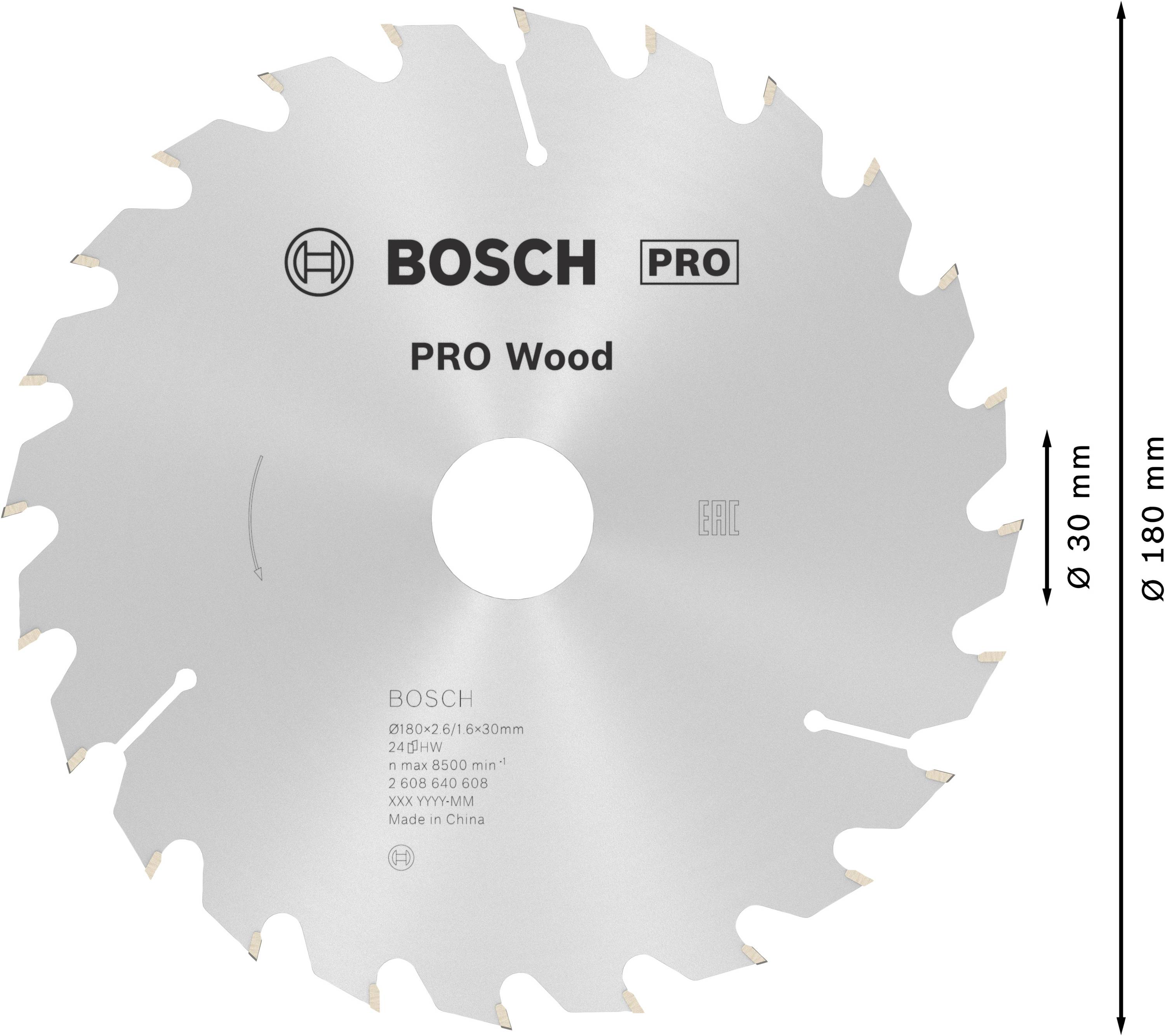 Kreissägeblatt mit Bosch-Logo, Aufschrift 'PRO Wood', 24 Zähne. Durchmesser: 300 mm, Bohrung: 30 mm. Geeignet für Holz.
