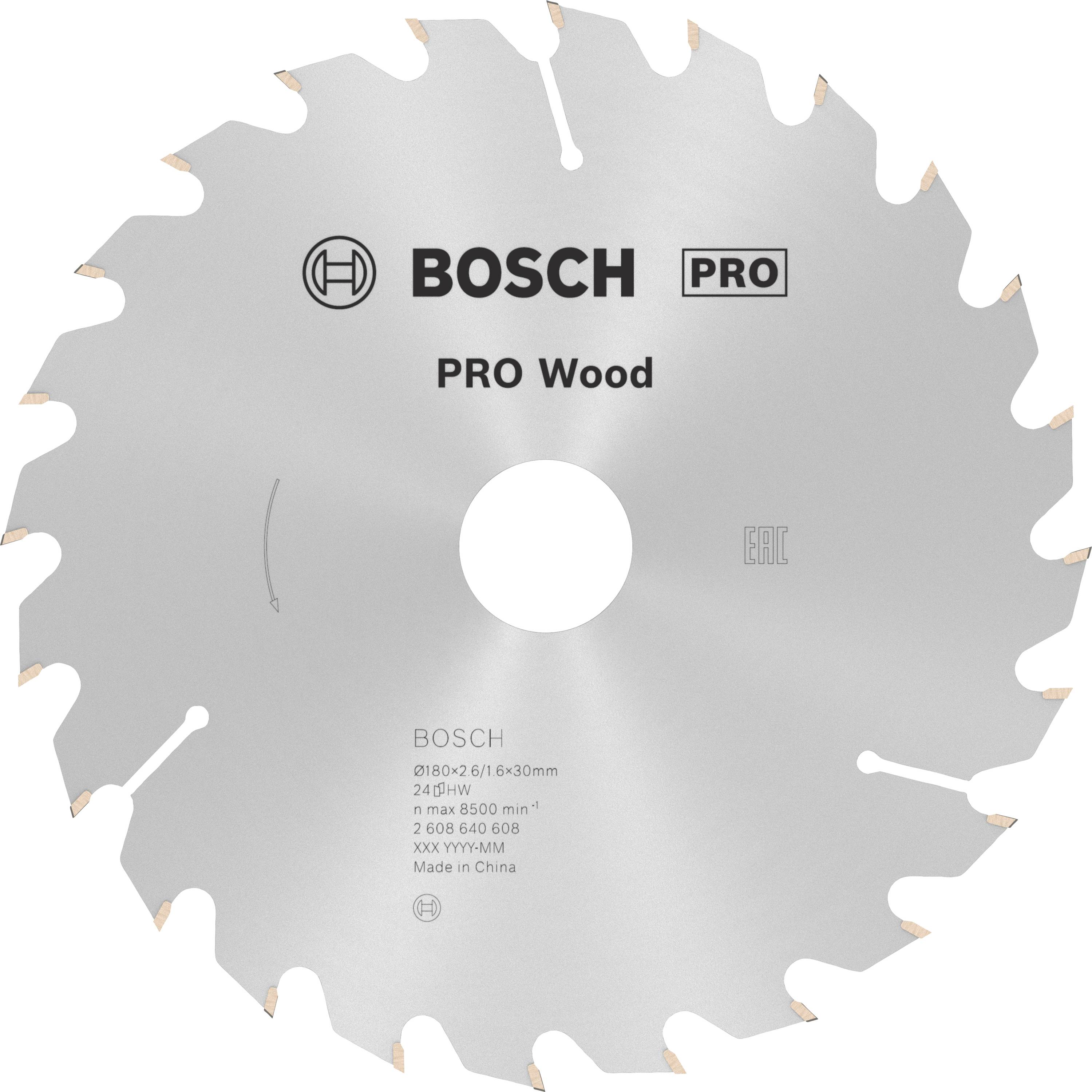Kreissägeblatt mit Zahnung, 'BOSCH PRO Wood' Logo. Modelldetails und Spezifikationen auf der Vorderseite. Geeignet für Holzarbeiten.