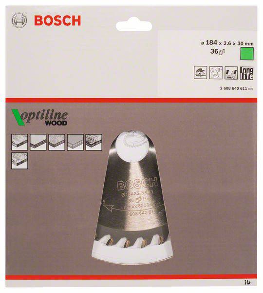 Bosch Accessories Optiline 2608640611 Hartmetall Kreissägeblatt 184 x 30 x 2.6mm Zähneanzahl: 36 1St.