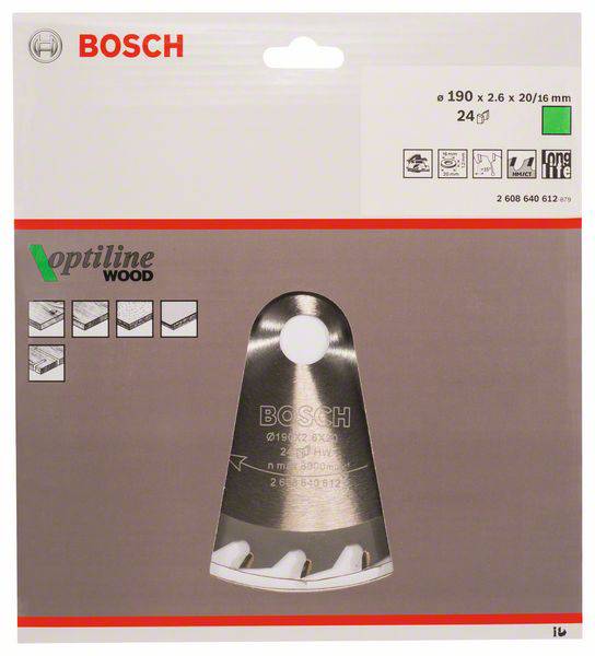 Verpackung eines Bosch Sägeblatts für Holz, 190 x 2,6 x 20/16 mm, 24 Zähne. Enthält Produktabbildung und Logo.