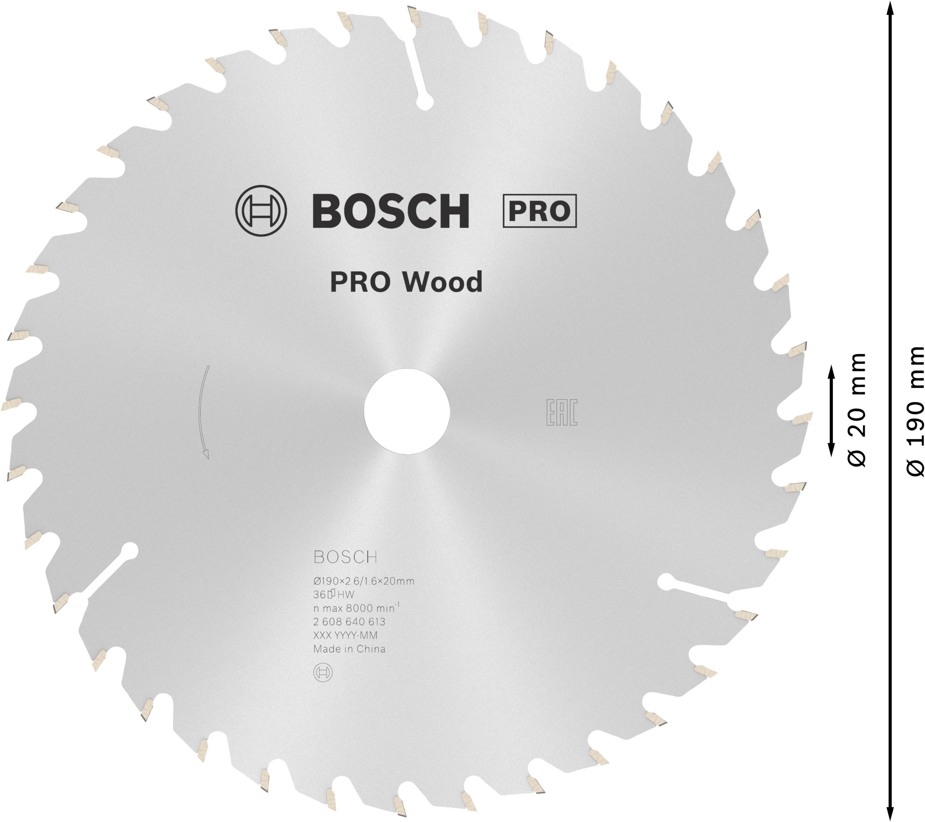 Kreissägeblatt mit 24 Zähnen, für Holz, 'Bosch PRO Wood', Durchmesser 190 mm, Bohrung 20 mm.