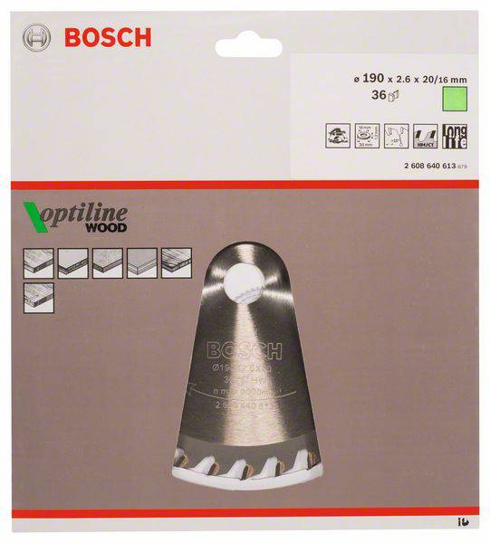 Verpackung einer Bosch Optiline-Wood-Kreissägeblatt, passend für Holzarbeiten, Maße 190 x 2,6 x 20/16 mm, mit Hinweis auf 36 Zähne.
