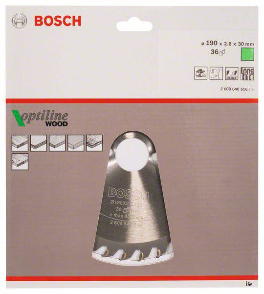 Verpackung einer Bosch-Kreissägeklinge mit 'Optiline Wood' für Holz, 190 mm Durchmesser, 2,6 mm Stärke und 30 mm Bohrung.