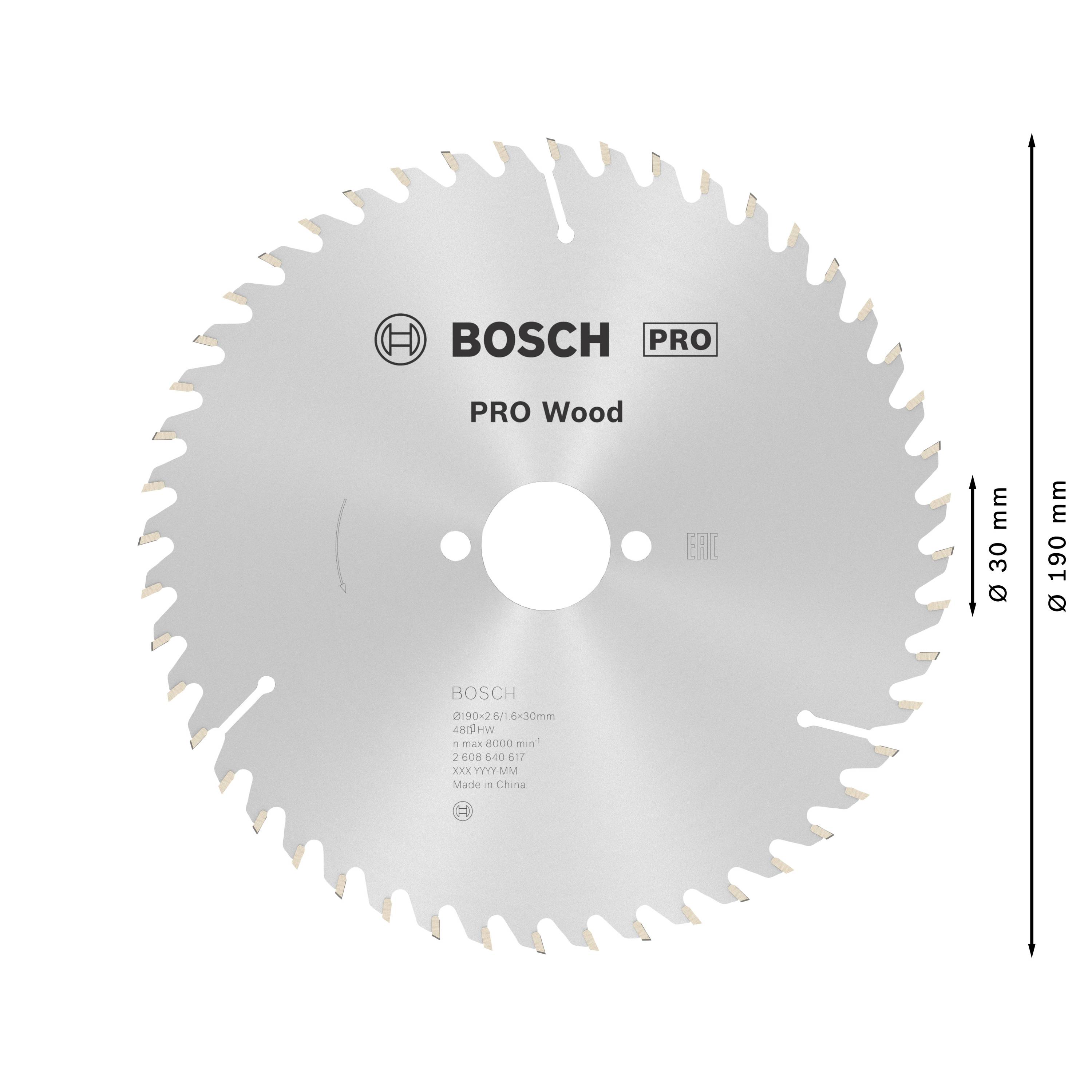 Kreissägeblatt mit der Aufschrift 'BOSCH PRO Wood', Durchmesser 190 mm, viele Zähne, für Holzbearbeitung geeignet.