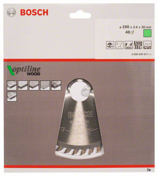 Bosch Kreissägeblatt für Holz, 'Optiline Wood', 190 x 2,6 x 30 mm, 48 Zähne, Bild eines Sägeblatts auf der Verpackung.