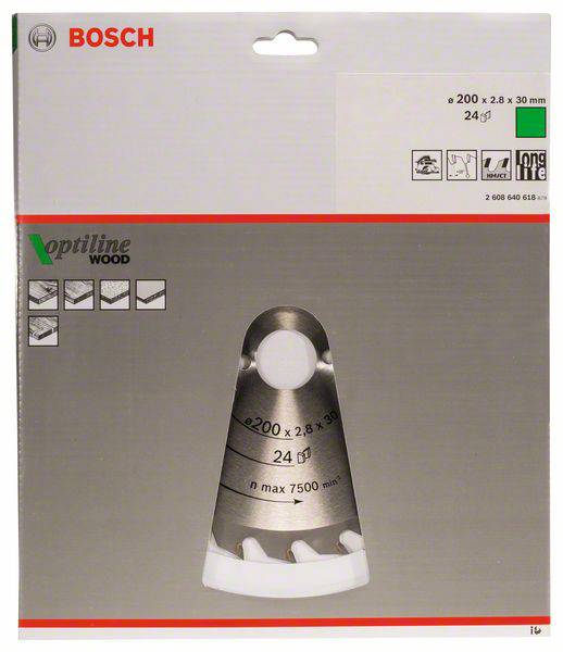 'Bosch Optiline Wood Sägeblatt, ø 200 x 2,8 x 30 mm, 24 Zähne, max. 7500 min⁻¹.' Verpackung mit Abbildungen und Spezifikationen des Produkts.