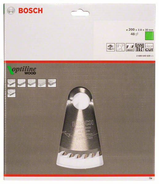 'Bosch Optiline Wood' Kreissägeblatt Verpackung; zeigt eine Darstellung des Blatts mit Spezifikationen: 200 x 2,8 x 30 mm, 48 Zähne.