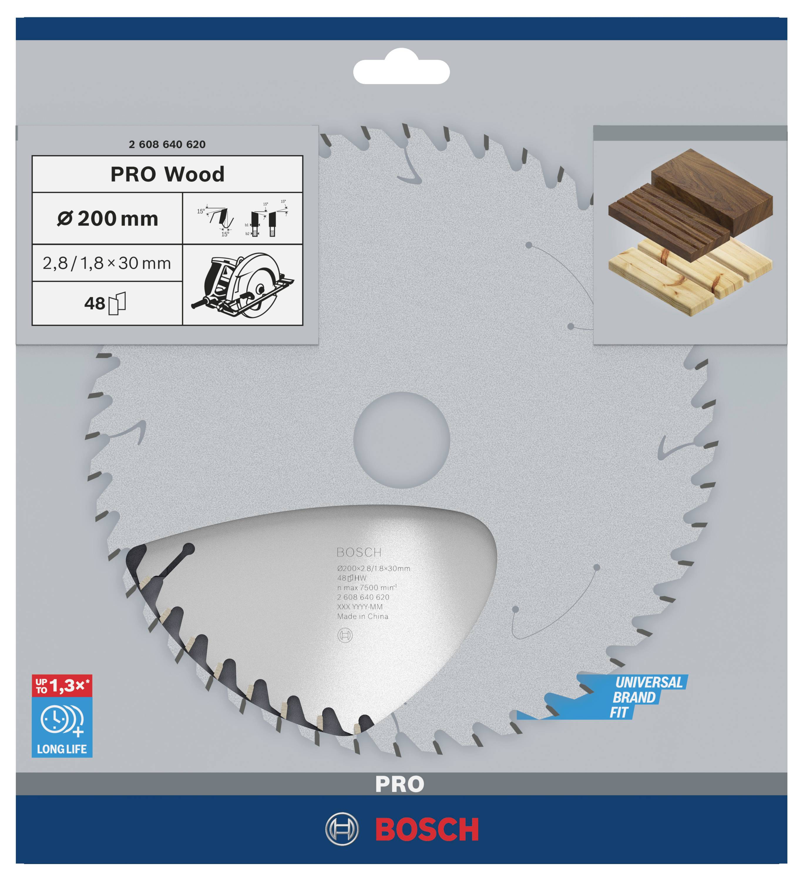 Bosch Pro Wood Kreissägeblatt, Durchmesser 200 mm, für Holz, 48 Zähne, Abbildung von Holzstücken, lange Lebensdauer.