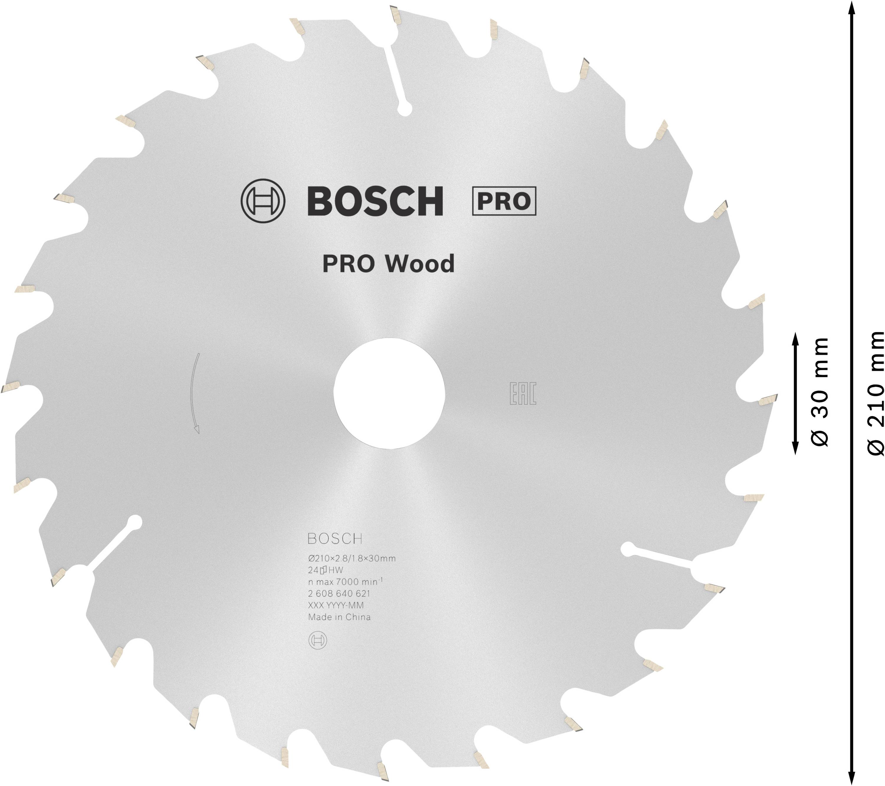 Kreissägeblatt von Bosch, Modell 'PRO Wood', Durchmesser 210 mm, für Holzarbeiten geeignet.
