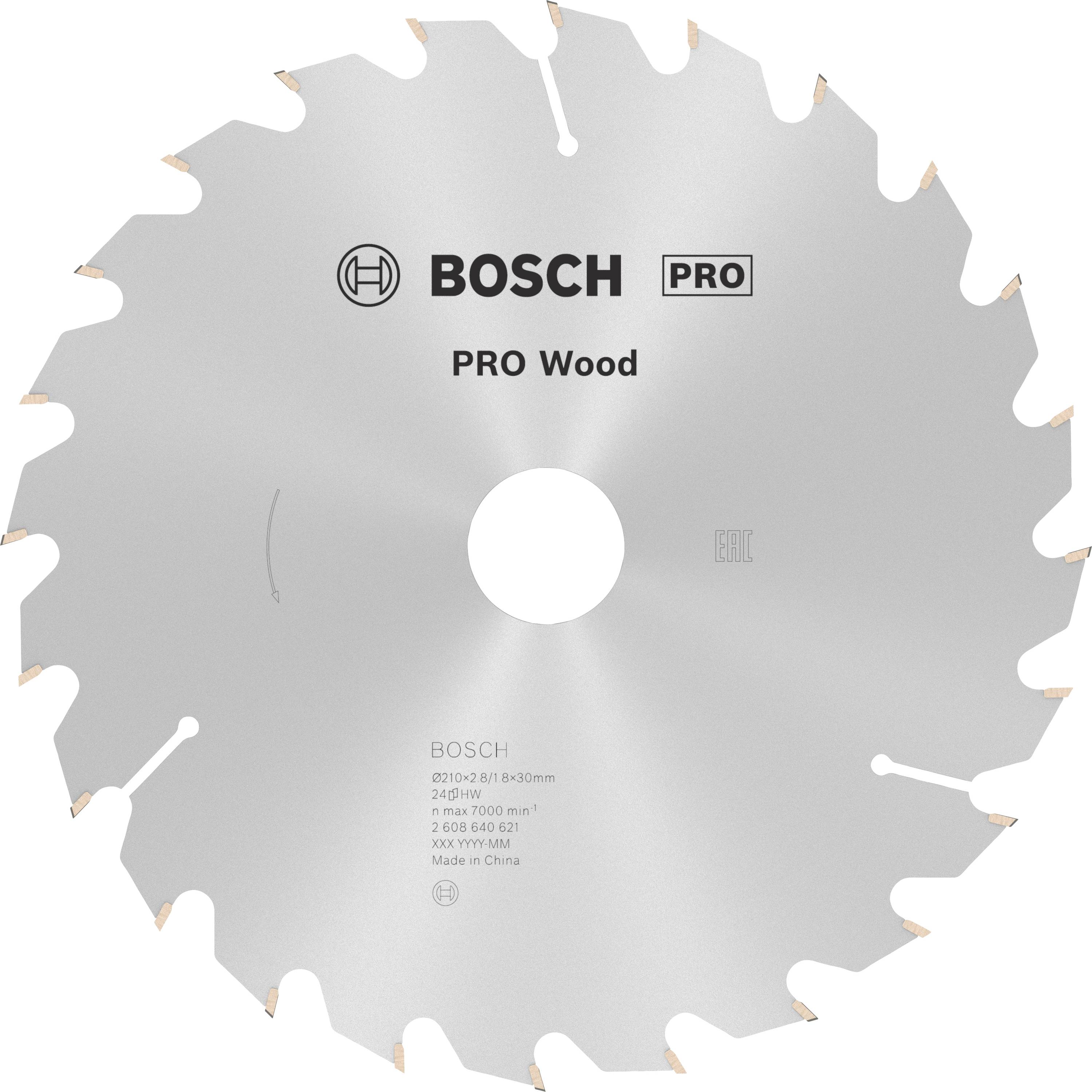 Silbernes Rundsägeblatt von Bosch für Holzbearbeitung mit Aufschrift 'PRO Wood', gezackte Kante, 12 Zähne, Durchmesser 230 mm.