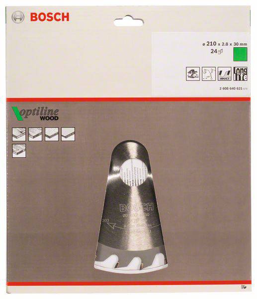 Verpackung eines Bosch Optiline-Wood Sägeblatts, 210 mm Durchmesser, 24 Zähne.