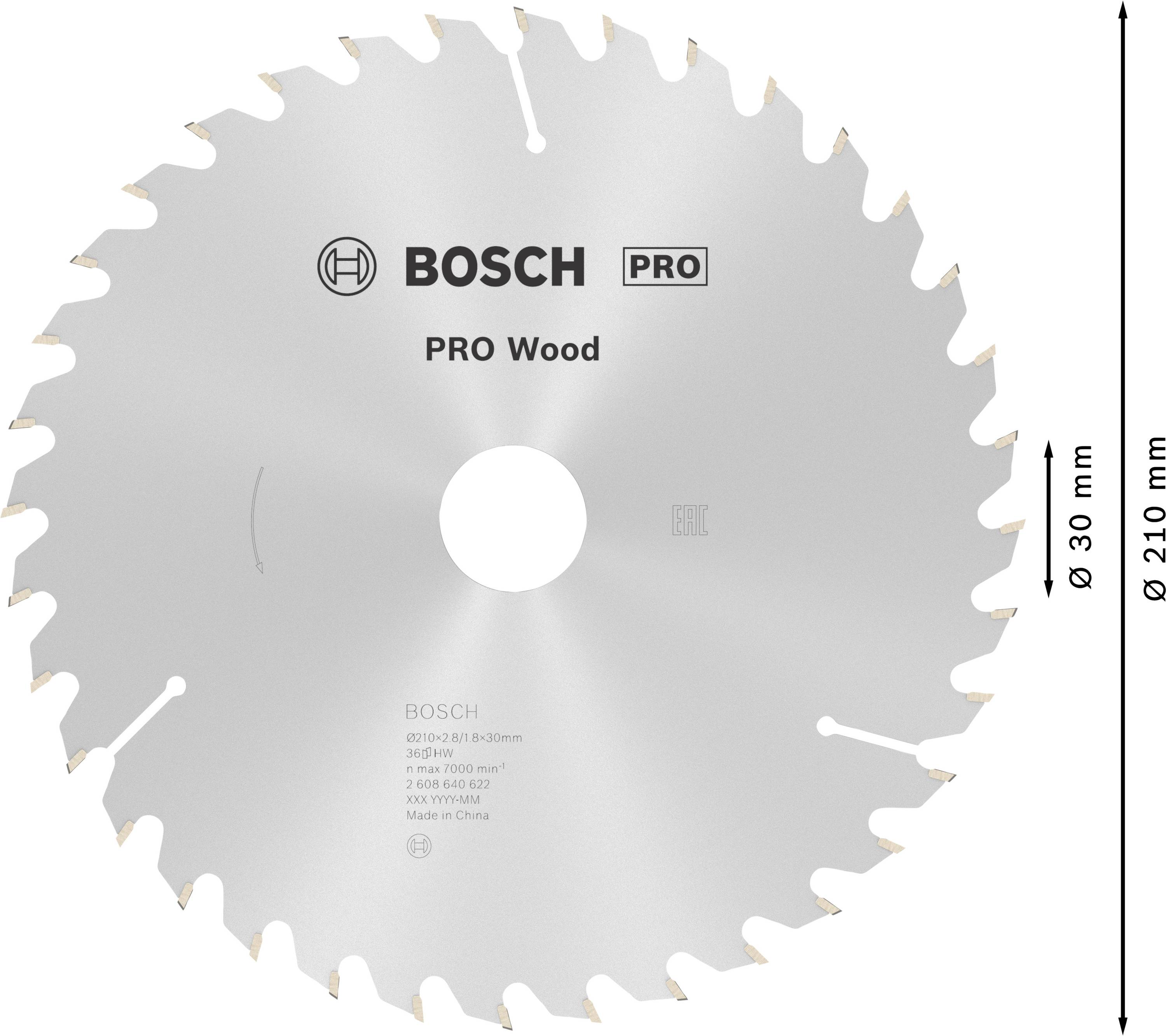 Kreissägeblatt mit 24 Zähnen, Aufschrift 'BOSCH PRO Wood', Durchmesser 210 mm. Eignung für Holzschnitte, Bohrungsdurchmesser 30 mm.