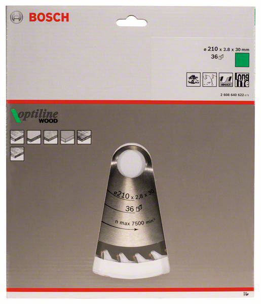 'Bosch Optiline Wood Sägeblatt', geeignet für Holz, Durchmesser 210 mm, 36 Zähne, max. Drehzahl 7500/min, langlebig.