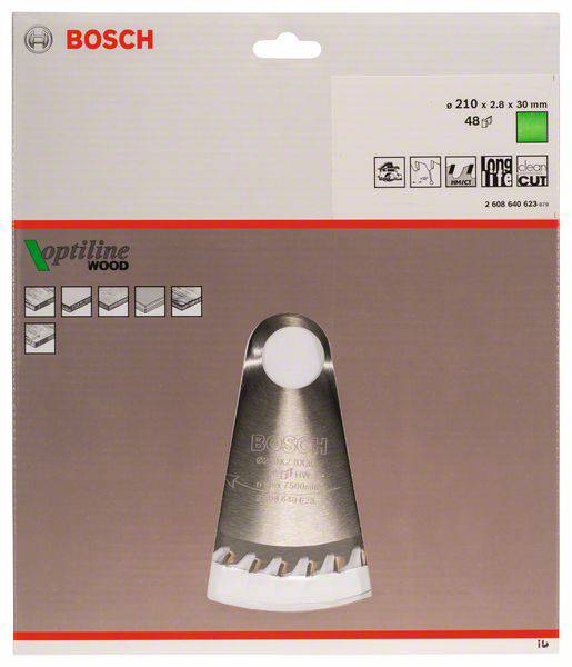Eine Verpackung mit einem Bosch-Sägeblatt für Holz, markiert als 'Optiline Wood', 210 x 2,8 x 30 mm, 48 Zähne, geeignet für Langlebigkeits- und Feinschnitte.