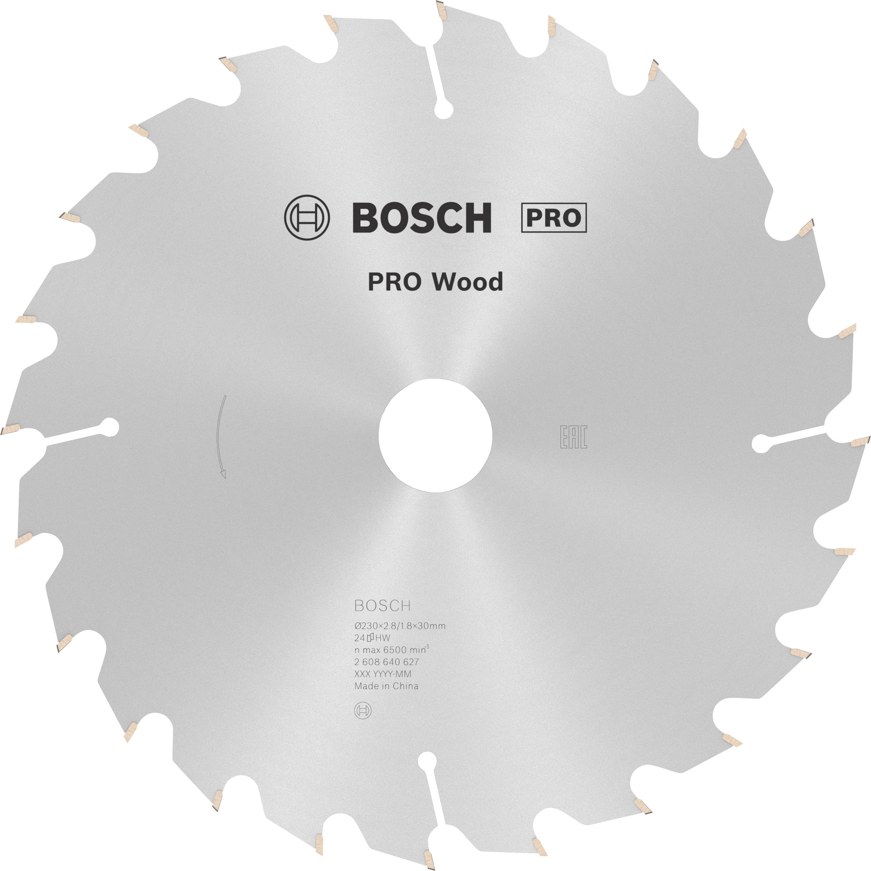 Sägeblatt von Bosch für Holz, mit der Aufschrift 'PRO Wood' und technischen Spezifikationen, deutlich sichtbar auf der Oberfläche.