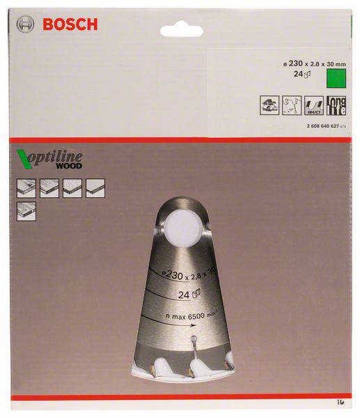 Verpackung eines Bosch Optiline Wood Sägeblatts, geeignet für Holz, mit 230 mm Durchmesser. Maximal 6500 U/min, 24 Zähne.