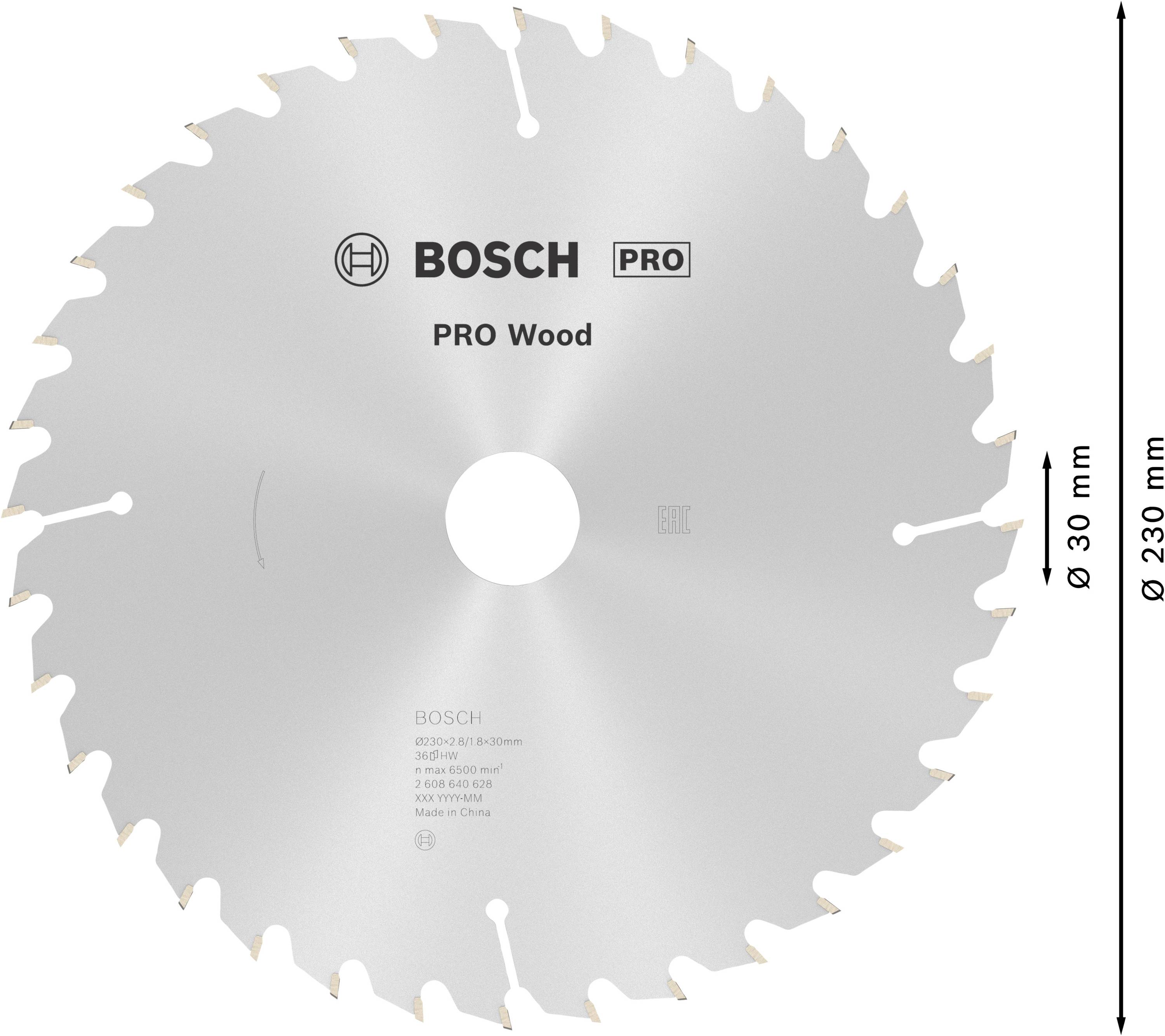 Kreissägeblatt mit der Aufschrift 'BOSCH PRO Wood', Durchmesser 230 mm, Bohrloch 30 mm, geeignet für Holzverarbeitung.