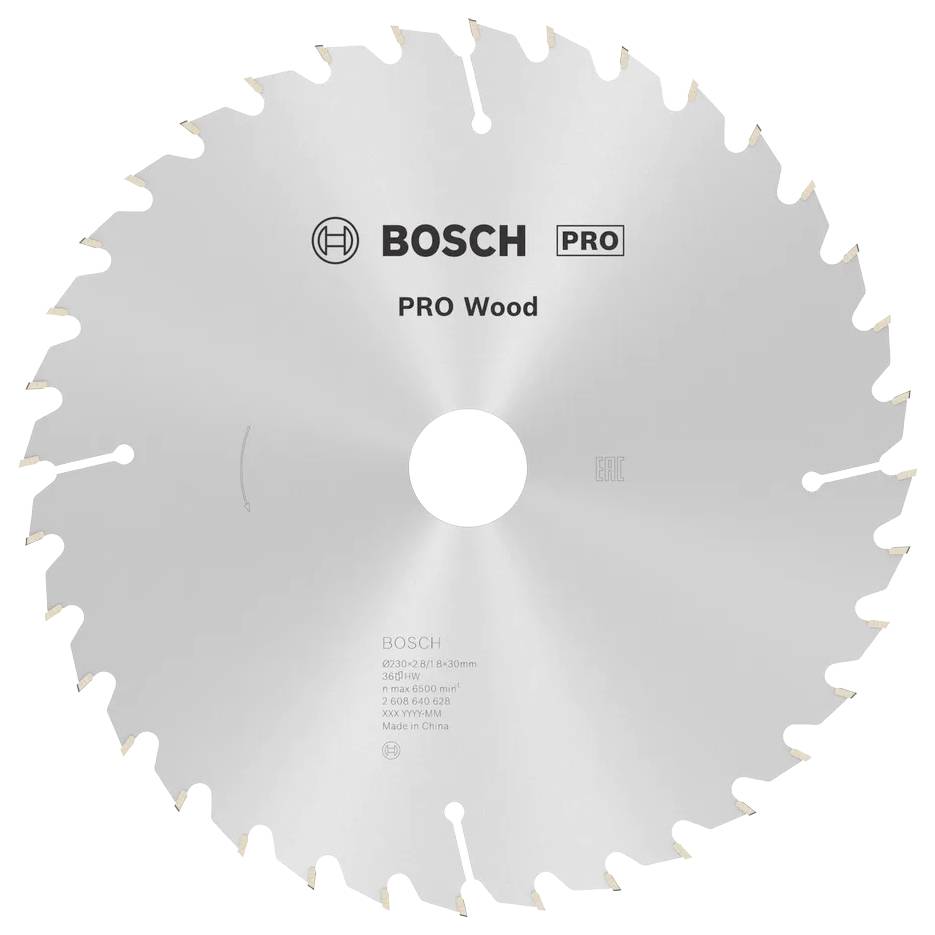Sägeblatt mit der Aufschrift 'BOSCH PRO Wood', entwickelt zum Holzschneiden. Kreisförmig mit mehreren scharfen Zähnen.