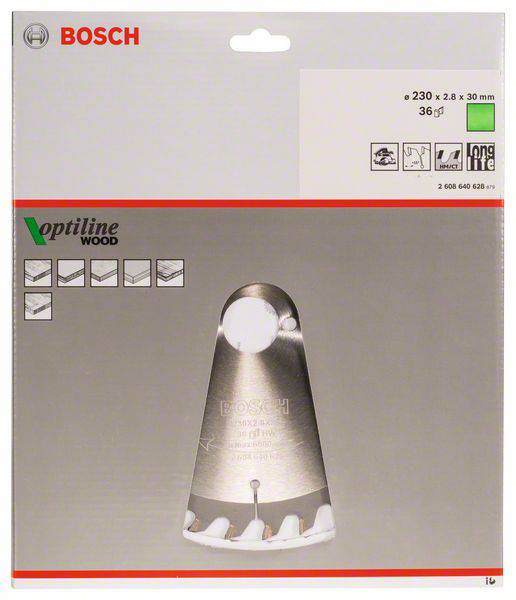 Verpackung eines Bosch Kreissägeblatts mit der Aufschrift 'Optiline Wood', Maße 230 x 2,8 x 30 mm, 36 Zähne, geeignet für Holz.