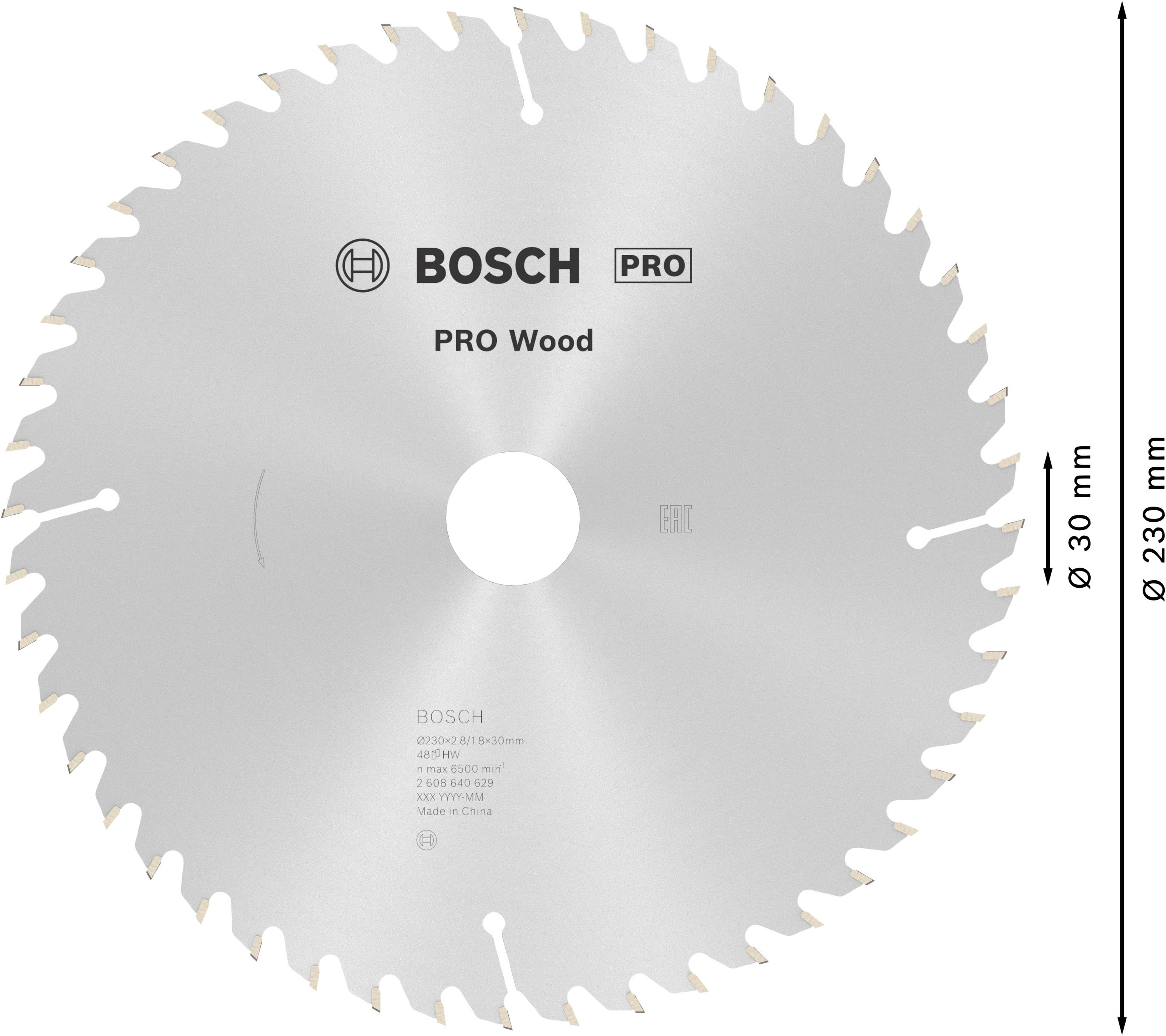 Kreissägeblatt mit 30 mm Bohrung und 230 mm Durchmesser, Marke Bosch, Modell 'PRO Wood'. Geeignet für Holzbearbeitung.