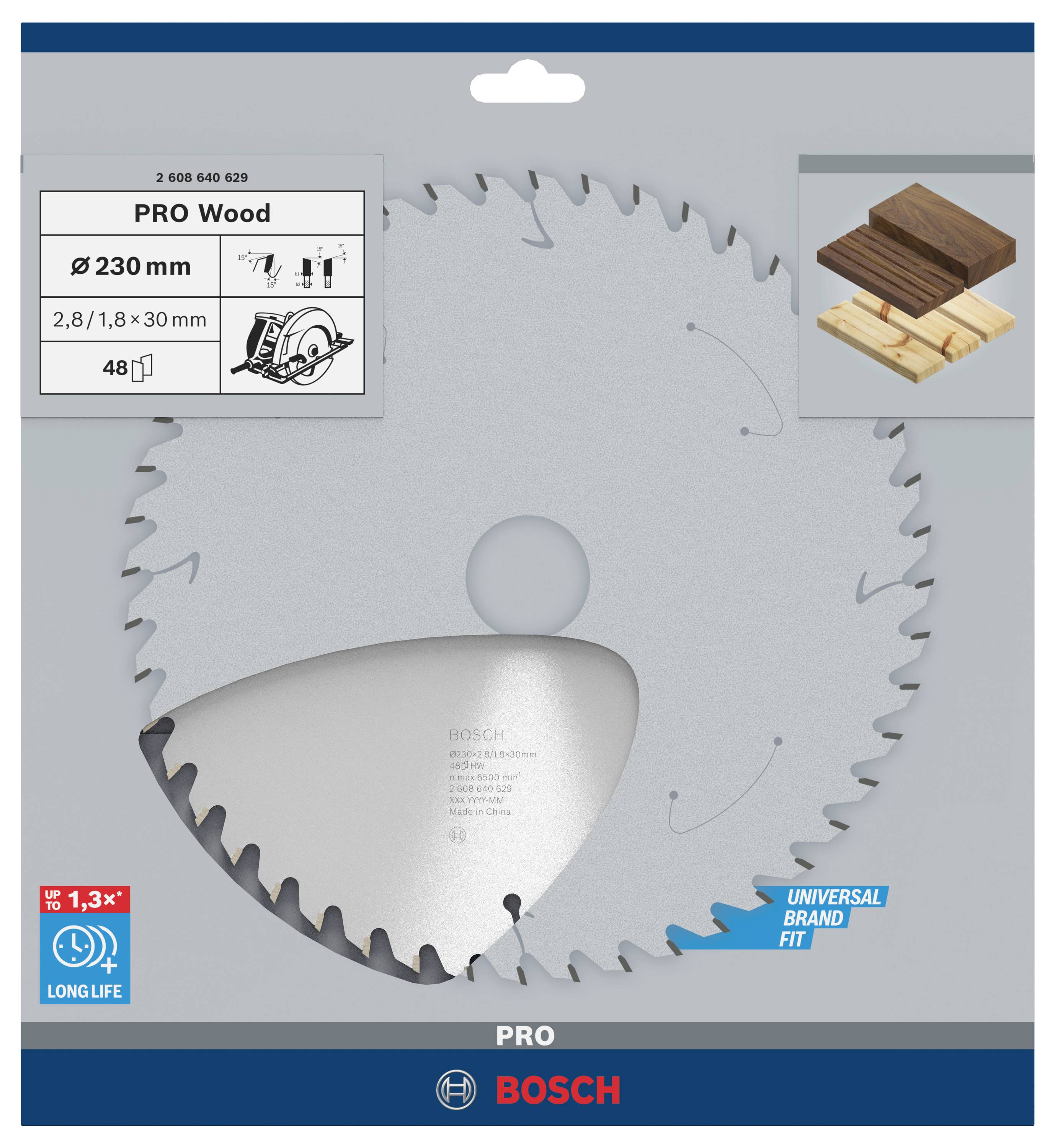 Bosch PRO Wood Kreissägeblatt, Durchmesser 230 mm, 48 Zähne. Geeignet für Holz. Verpackung zeigt Holzstücke und Produktlogo.