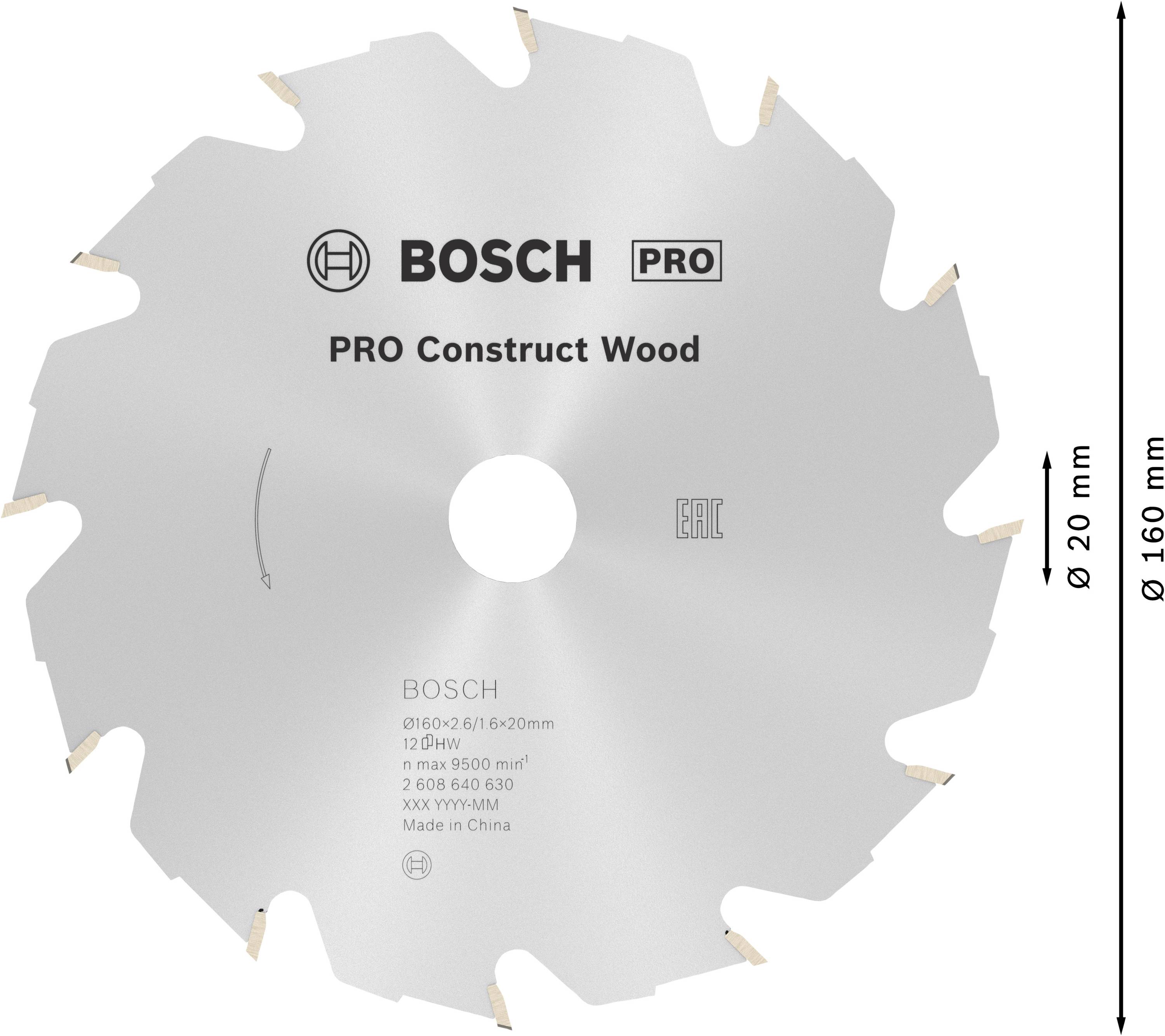 Kreissägeblatt der Marke Bosch, Modell 'Pro Construct Wood', Durchmesser 160 mm, 12 Zähne, für Holzschnitt, aus China.