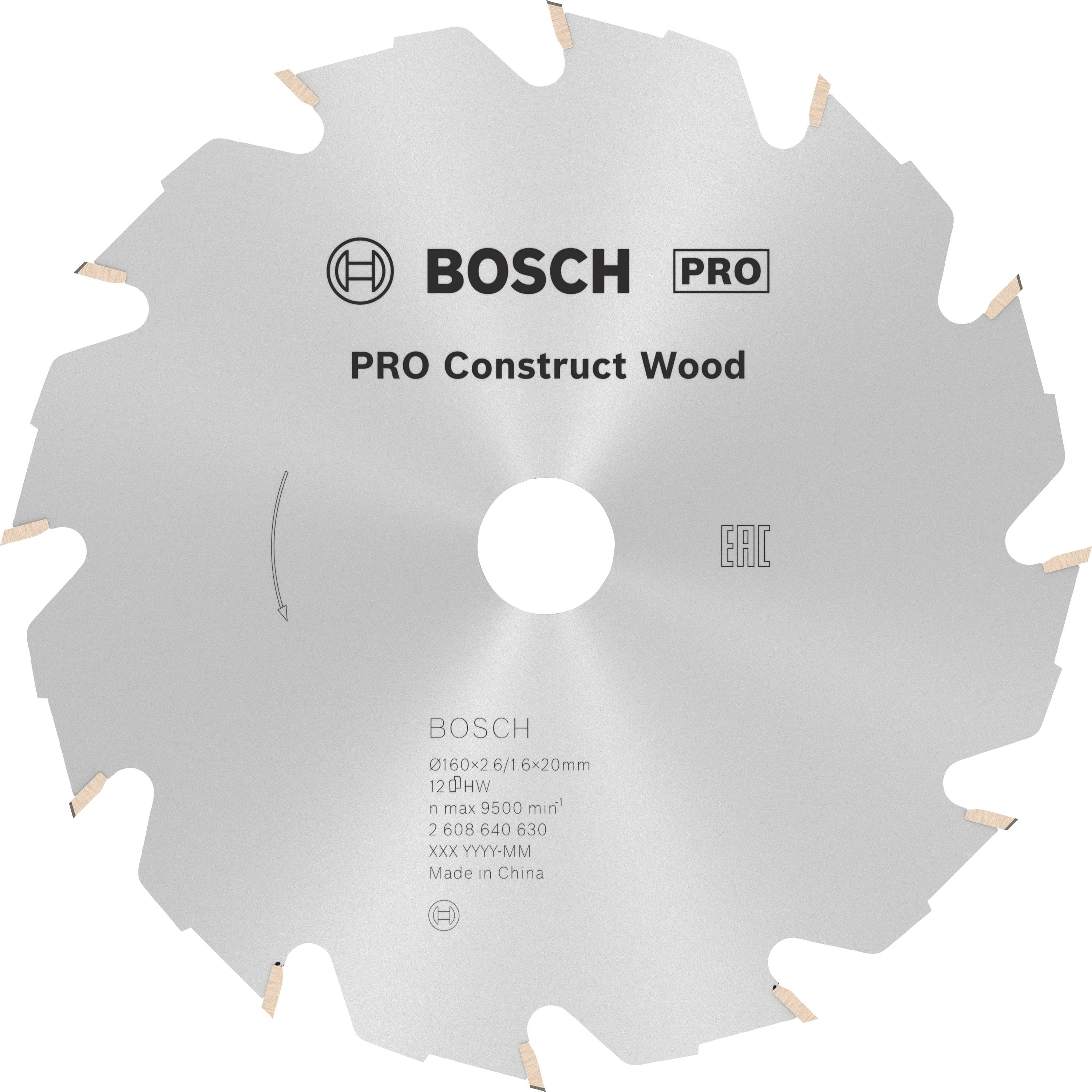 'Sägeblatt Bosch Pro Construct Wood' mit Details: Durchmesser 160x2,6x16mm, 12 Zähne, 9500 U/min max., Artikelnummern 2 608 640 630.