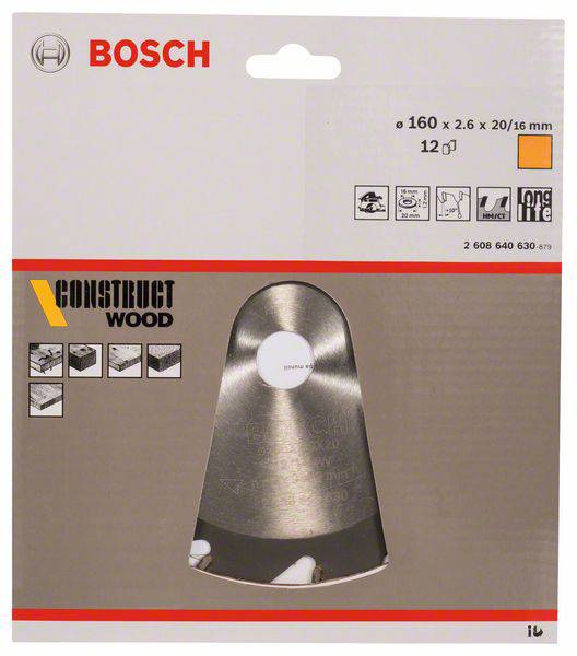 Verpackung für BOSCH Kreissägeblatt für Holz, 160 mm Durchmesser, 12 Zähne, Produktbild und Spezifikationen abgebildet.