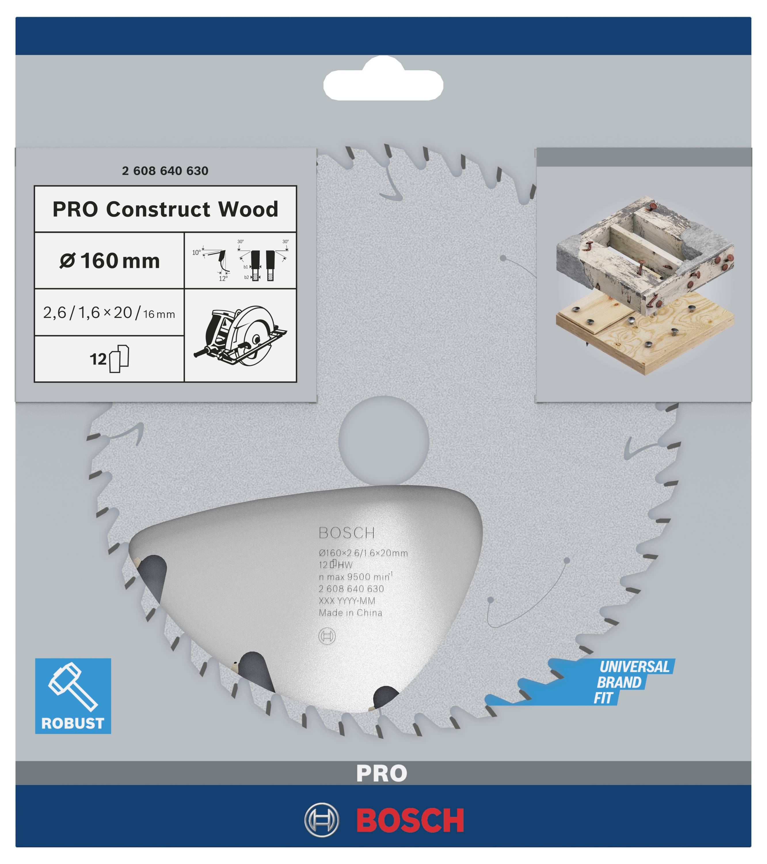 'Bosch Kreissägeblatt PRO Construct Wood' wird gezeigt. Details: Durchmesser 160 mm, 12 Zähne, robustes Design für Holzarbeiten.