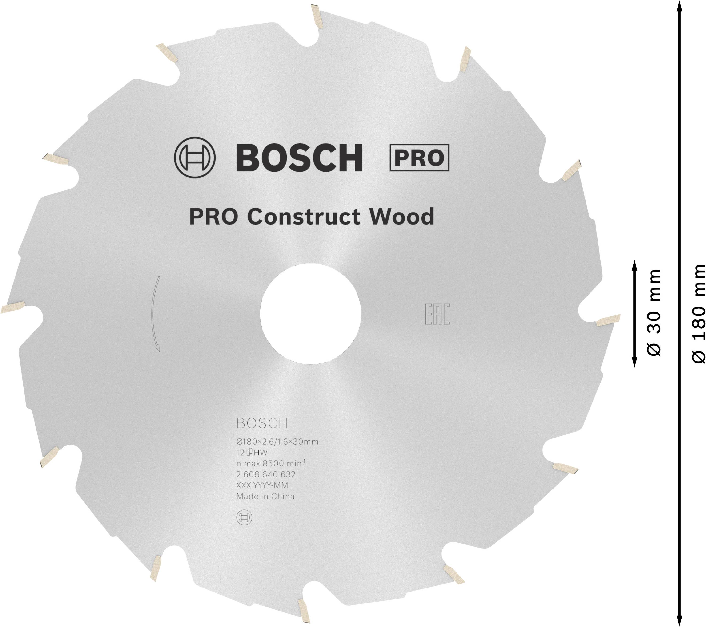 Sägeblatt mit der Beschriftung 'Bosch PRO Construct Wood'. Durchmesserangaben: 30 mm innen, 180 mm außen. Eignet sich für Holzbearbeitung.