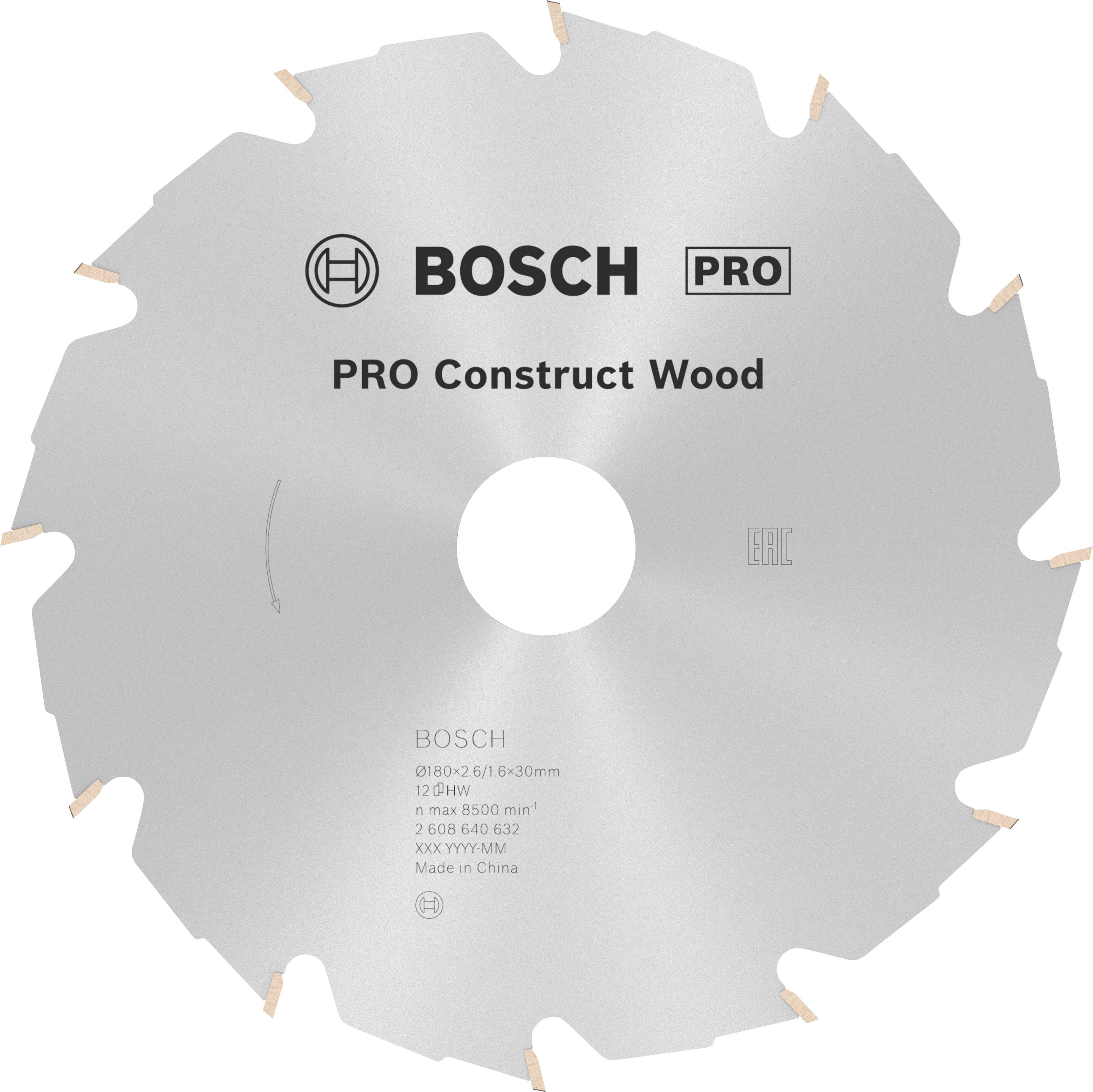Kreissägeblatt mit der Aufschrift 'BOSCH PRO Construct Wood'. Geeignet für Holzarbeiten.