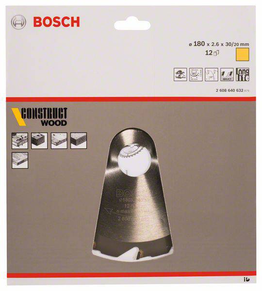 Paket mit einem Holzsägeblatt von Bosch, 'Construct Wood', geeignet für 12 Schnitte. Abbildung zeigt Klinge und Verpackungsdesign.