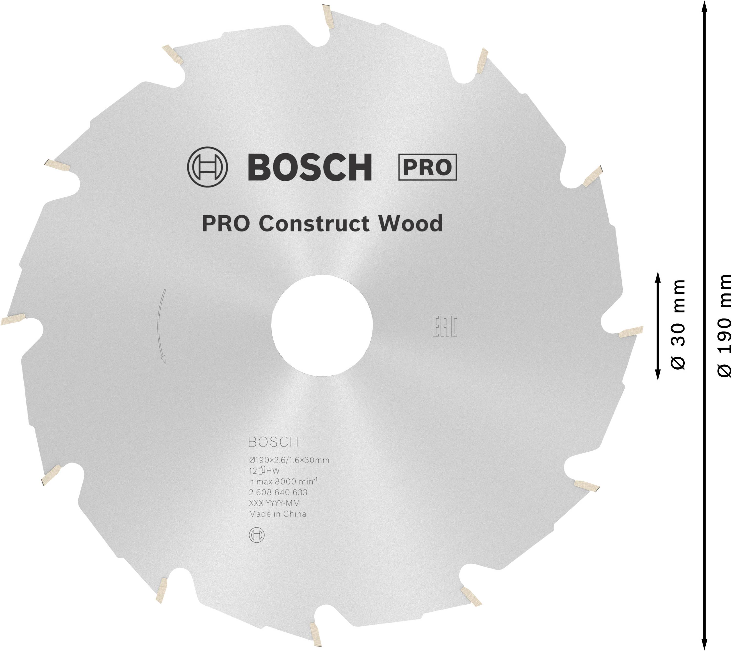 Sägeblatt aus Metall mit der Aufschrift 'Bosch Pro Construct Wood', Durchmesser von 190 mm, geeignet für Holzarbeiten.