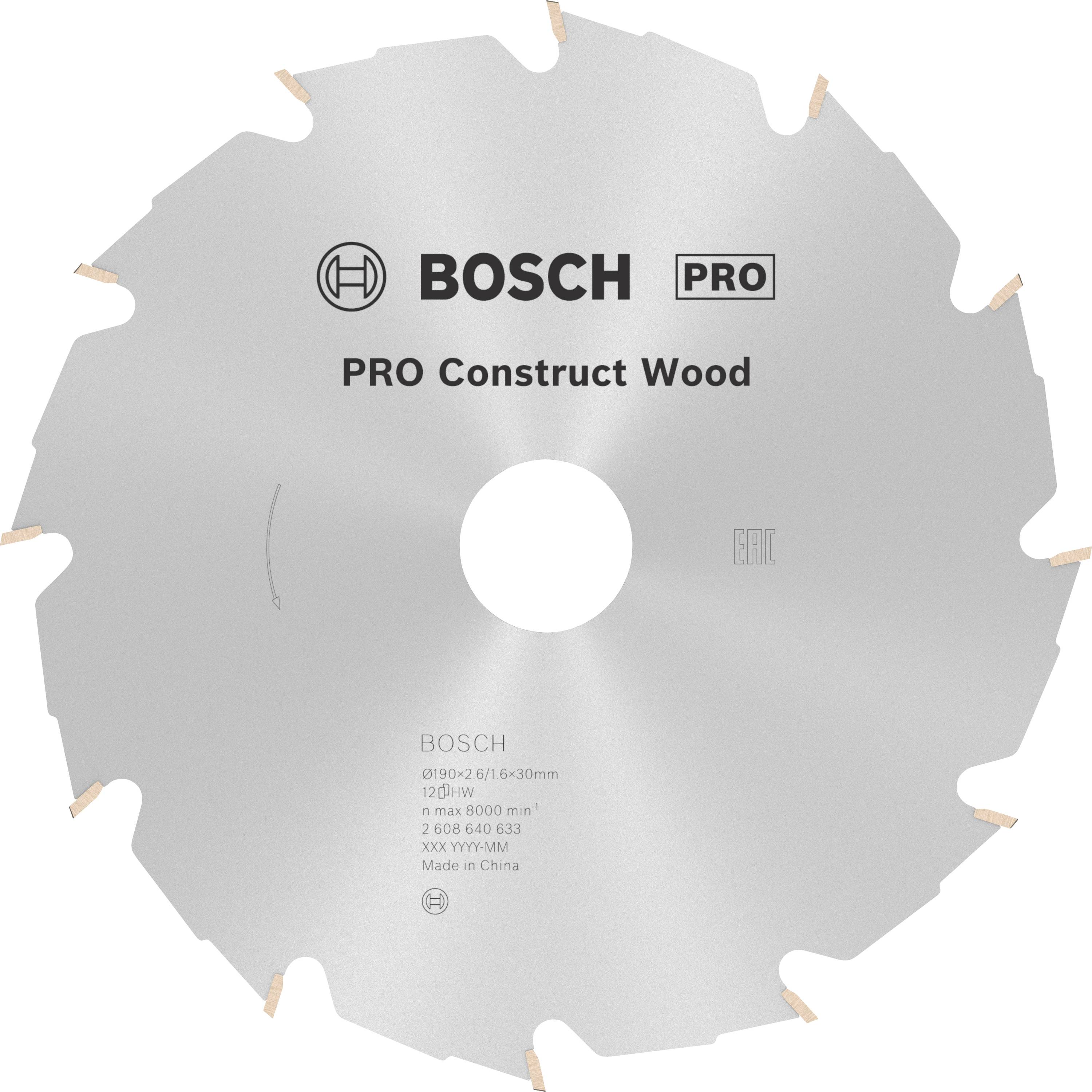 Kreissägeblatt mit Markennamen und Text 'PRO Construct Wood', geeignet für Holz, Durchmesser und technische Details abgebildet.