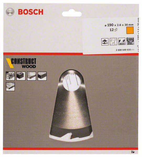 'Bosch Construct Wood' Sägeblattverpackung mit Abbildungen verschiedener Sägeblätter, Spezifikationen und Logos für Langlebigkeit.
