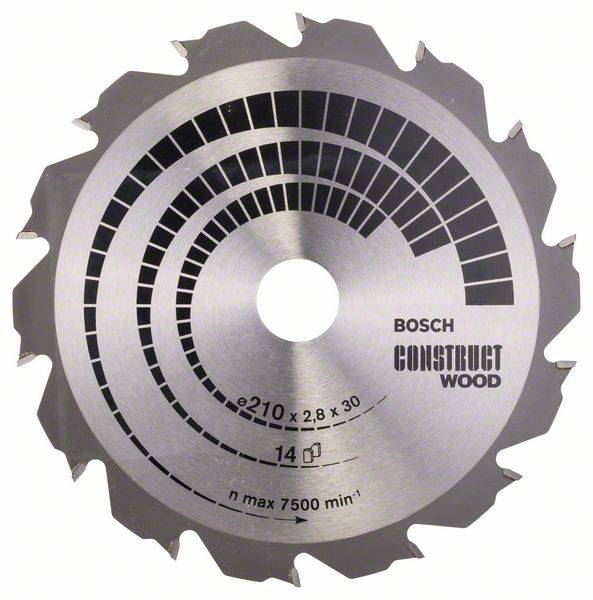 Kreissägeblatt mit der Aufschrift 'Bosch Construct Wood', Durchmesser von 210 mm. Geeignet für Holz, maximale Drehzahl 7500 U/min.