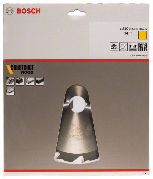 'Bosch CONSTRUCT WOOD' Kreissägeblattverpackung zeigt ein Sägeblatt, spezifiziert mit 210 x 2,8 x 30 mm, 14 Zähne, Hinweis auf lange Lebensdauer.