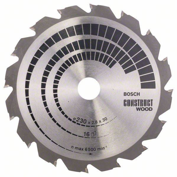 Kreissägeblatt der Marke Bosch zum Schneiden von Holz. Aufschrift weist auf Durchmesser von 230 mm, Dicke von 2,8 mm und Maximaldrehzahl von 6500 Umdrehungen pro Minute hin.