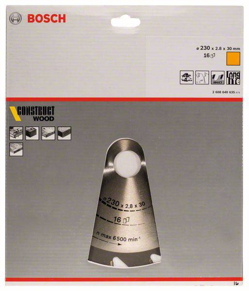 Bosch Ersatzmesser, 230 mm Durchmesser, geeignet für Holzbearbeitung, Verpackung zeigt Messerdesign und technische Daten.