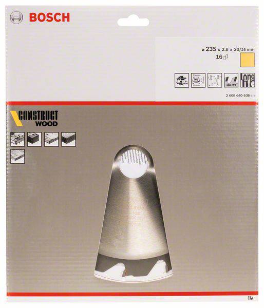 Verpackung eines Bosch-Kreissägeblatts für Konstruktionsholz, mit Abmessungen 235 x 2,8 x 30/25 mm, Modell 16t.
